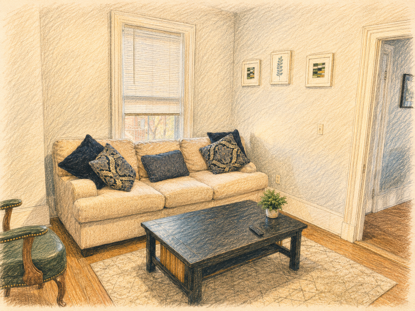 Hand-drawn sketch of a warm, cozy recovery residence living room