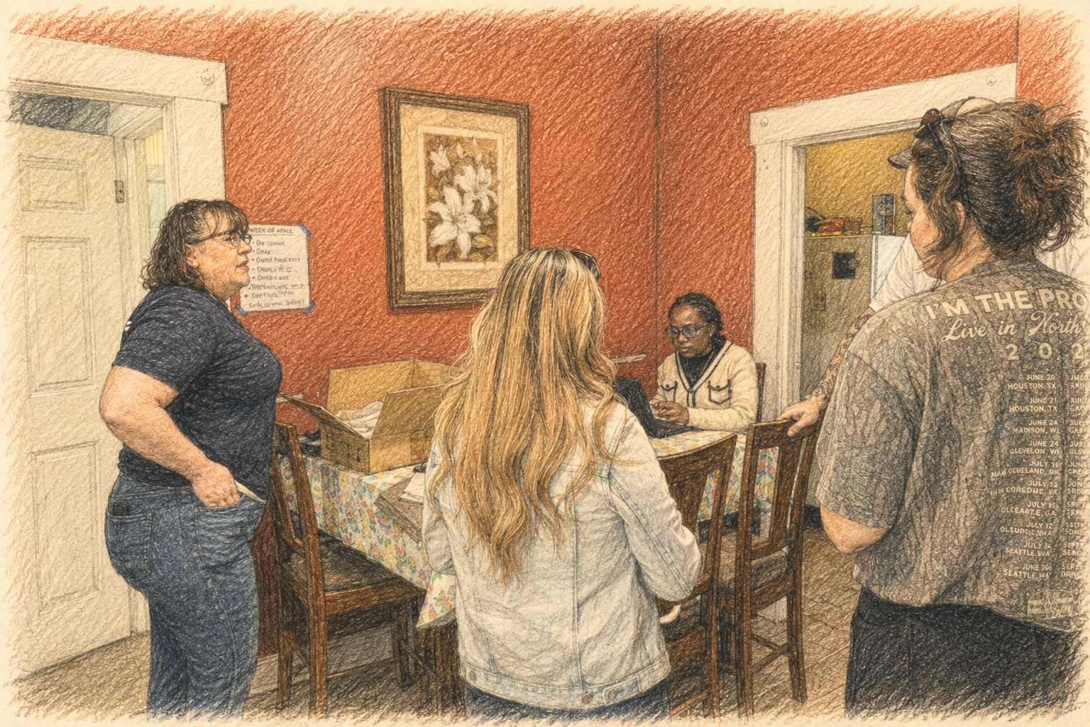 Hand-drawn sketch of residents in a supportive group discussion around a dining table